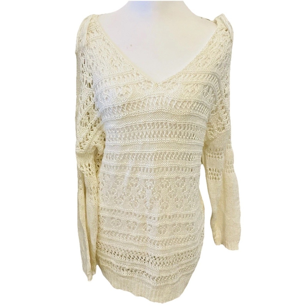 American Rag‎ Cream Sweater Boho Open Knit Fringe Medium Festival